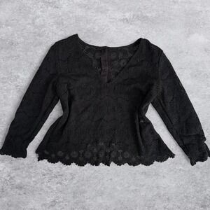 Sezane Black Guipure Lace V-Neck Blouse Scalloped Cotton Crochet Button Back Top